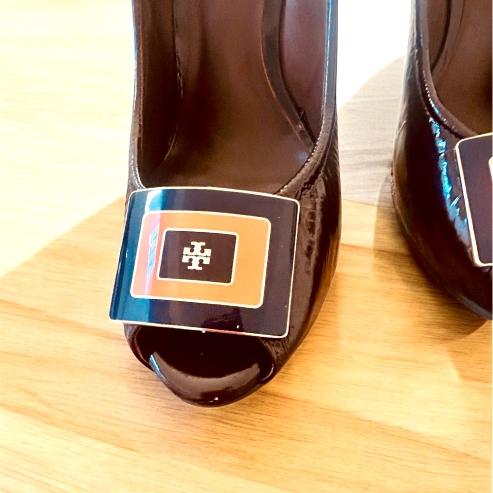 Tory Burch Brown Patent leather Peep-toe wedges. - Picture 13 of 16